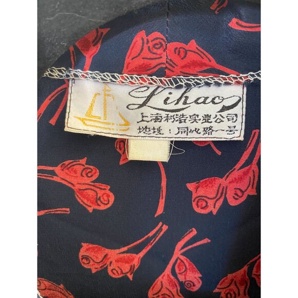 Vintage‎ Lihao Navy & Red Floral Print Long-Sleeve Button-Up Shirt collared - Picture 3 of 5